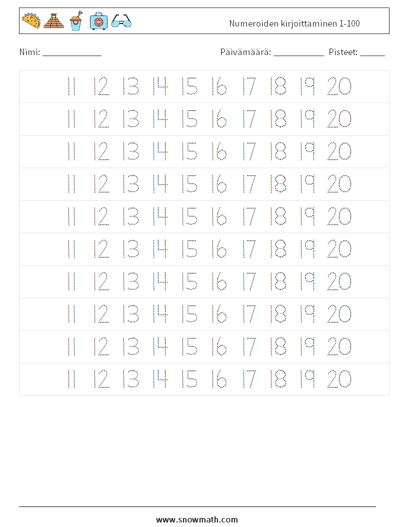 Numeroiden kirjoittaminen 1-100 Matematiikan laskentataulukot 23