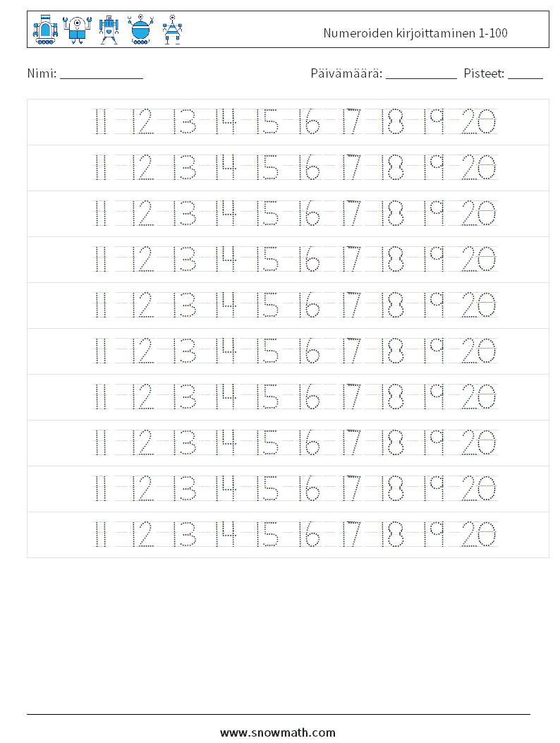 Numeroiden kirjoittaminen 1-100 Matematiikan laskentataulukot 24