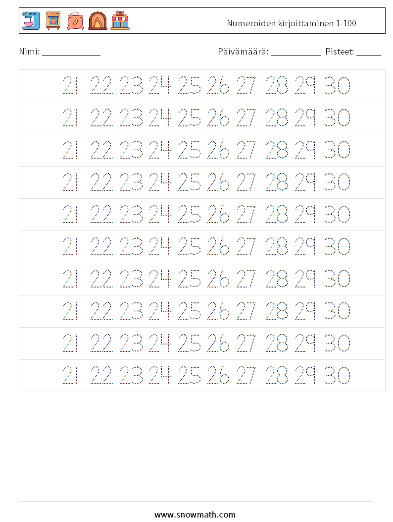 Numeroiden kirjoittaminen 1-100 Matematiikan laskentataulukot 25