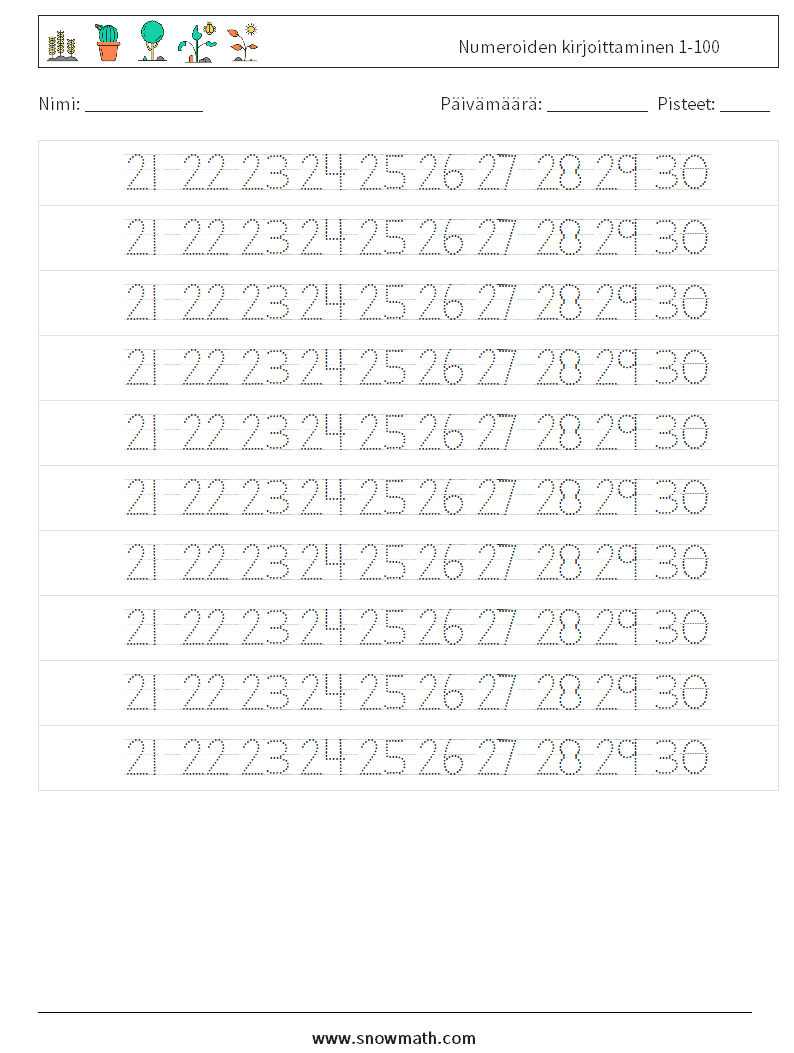 Numeroiden kirjoittaminen 1-100 Matematiikan laskentataulukot 26