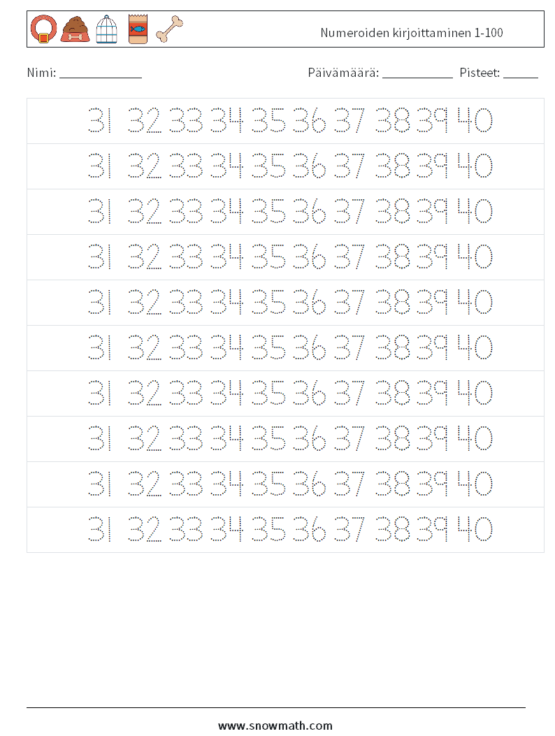 Numeroiden kirjoittaminen 1-100 Matematiikan laskentataulukot 27