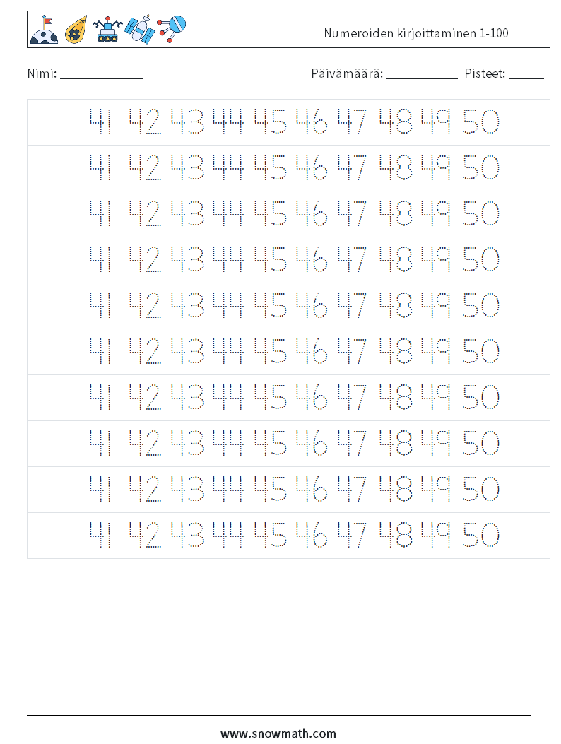 Numeroiden kirjoittaminen 1-100 Matematiikan laskentataulukot 29