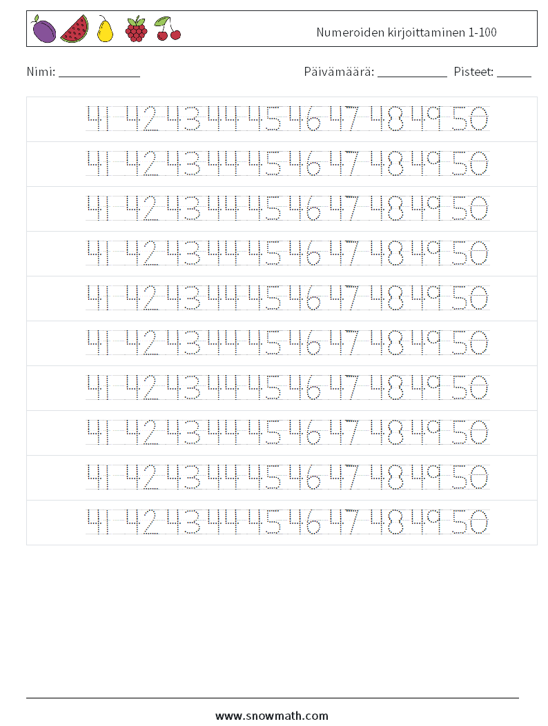 Numeroiden kirjoittaminen 1-100 Matematiikan laskentataulukot 30