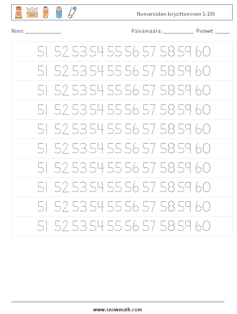 Numeroiden kirjoittaminen 1-100 Matematiikan laskentataulukot 31