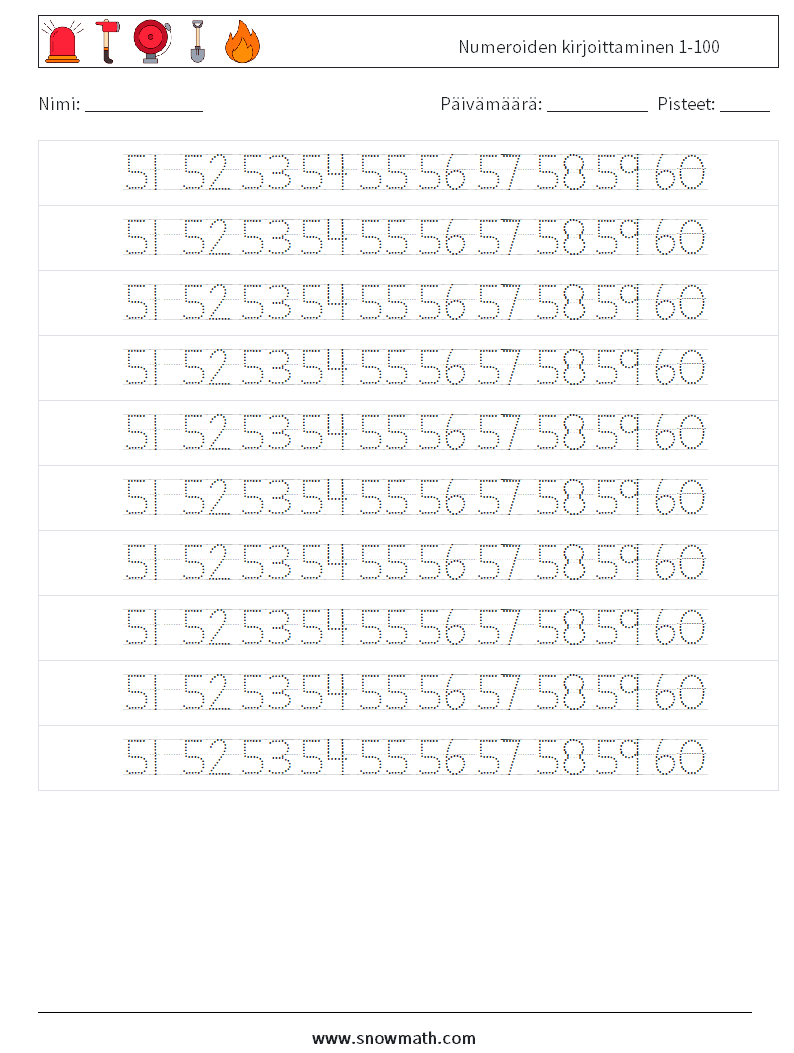 Numeroiden kirjoittaminen 1-100 Matematiikan laskentataulukot 32