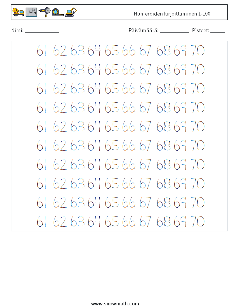 Numeroiden kirjoittaminen 1-100 Matematiikan laskentataulukot 33