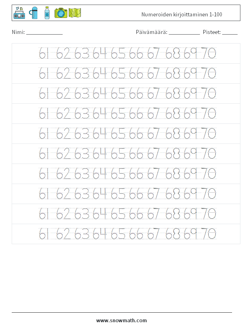 Numeroiden kirjoittaminen 1-100 Matematiikan laskentataulukot 34
