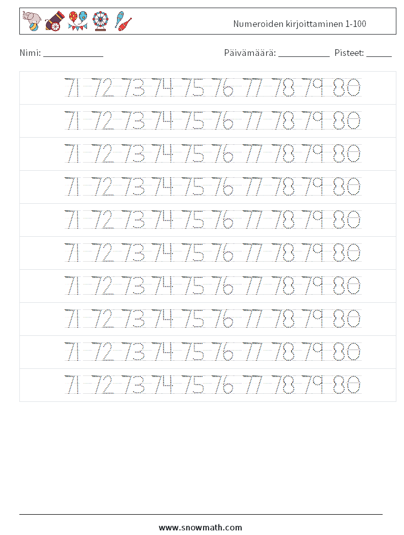 Numeroiden kirjoittaminen 1-100 Matematiikan laskentataulukot 36