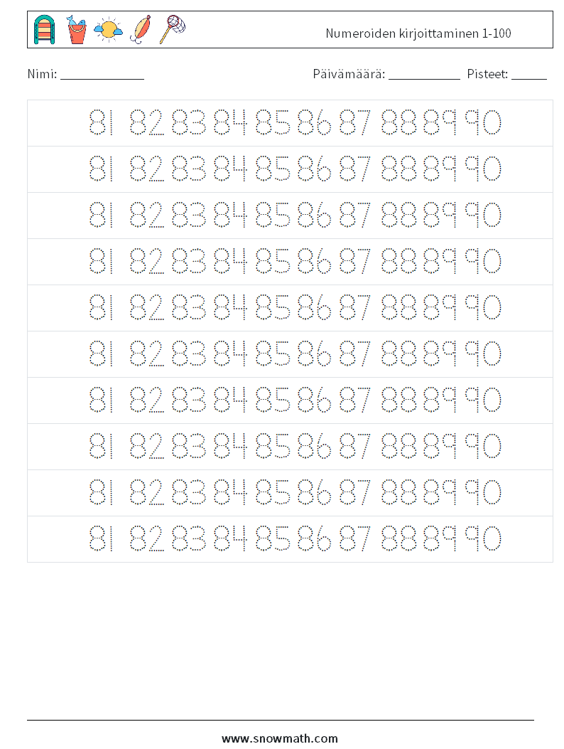 Numeroiden kirjoittaminen 1-100 Matematiikan laskentataulukot 37