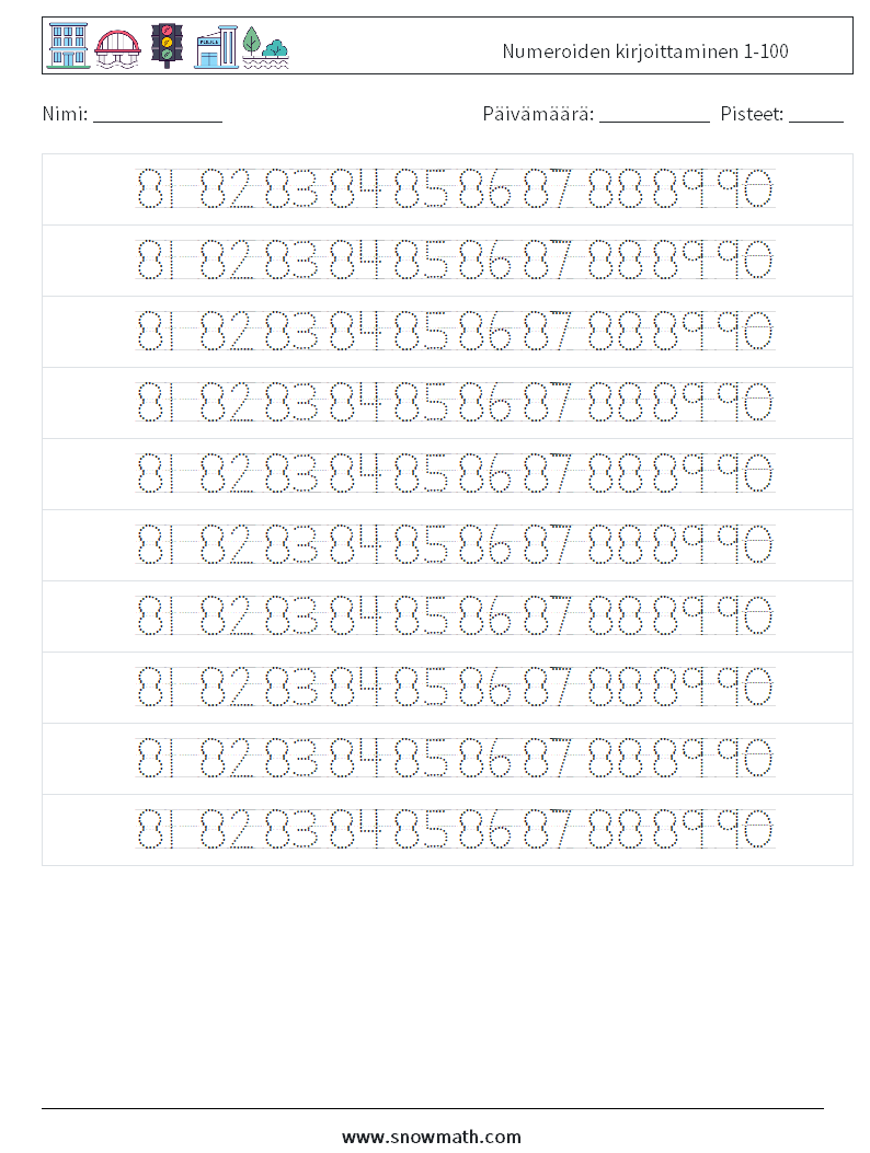 Numeroiden kirjoittaminen 1-100 Matematiikan laskentataulukot 38