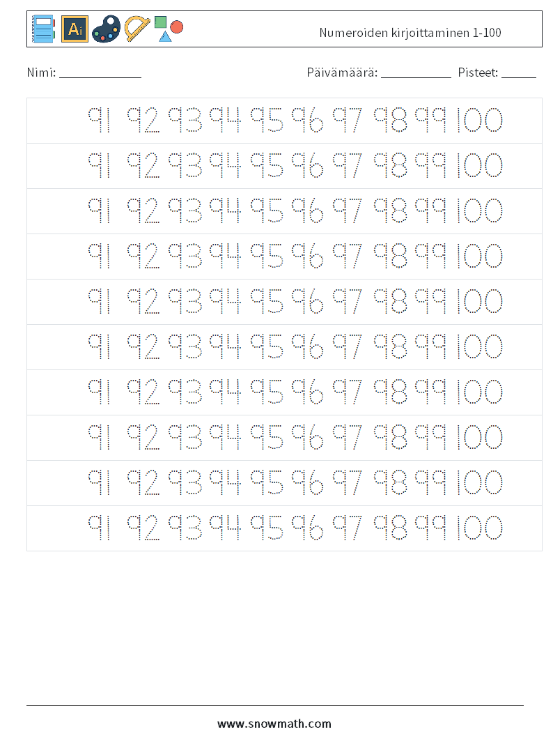 Numeroiden kirjoittaminen 1-100 Matematiikan laskentataulukot 39
