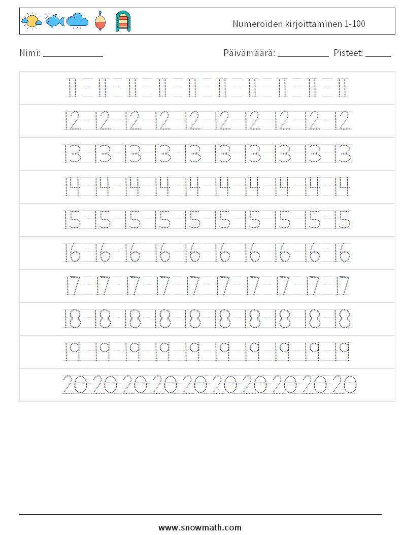 Numeroiden kirjoittaminen 1-100 Matematiikan laskentataulukot 4