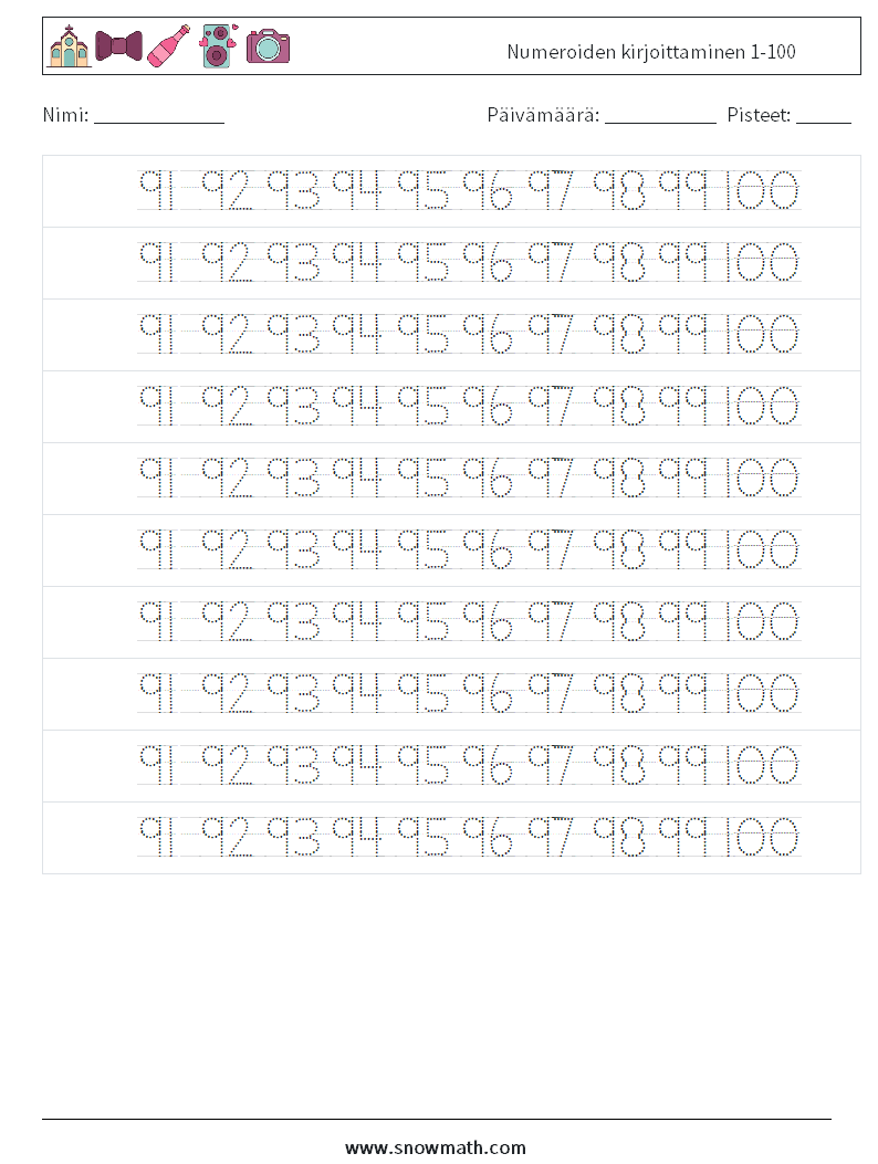 Numeroiden kirjoittaminen 1-100 Matematiikan laskentataulukot 40