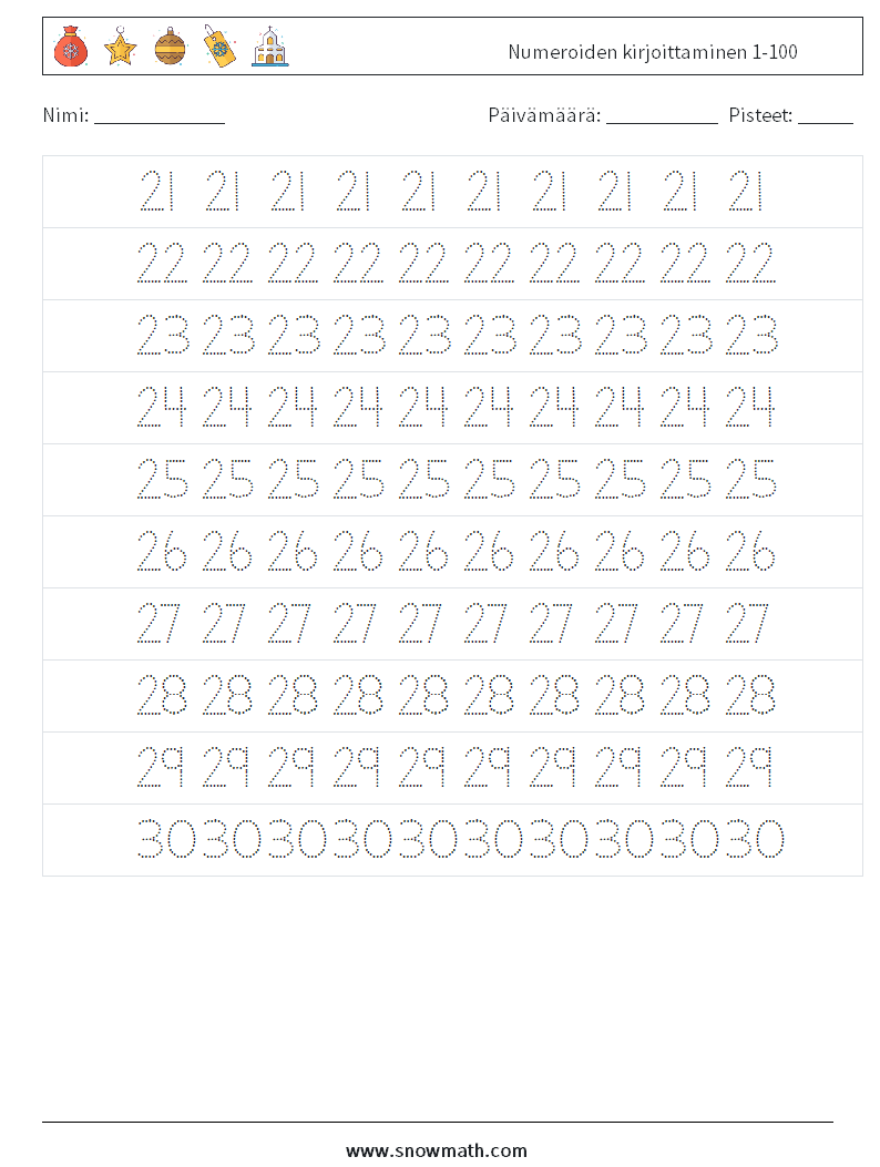 Numeroiden kirjoittaminen 1-100 Matematiikan laskentataulukot 5