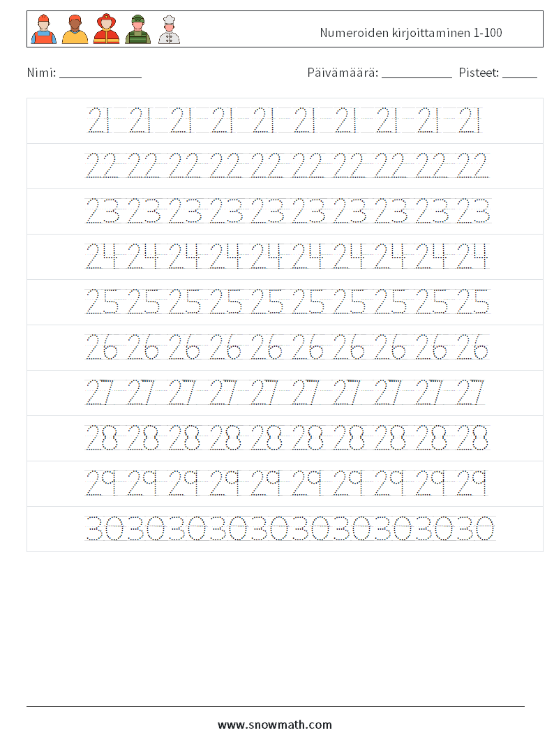 Numeroiden kirjoittaminen 1-100 Matematiikan laskentataulukot 6