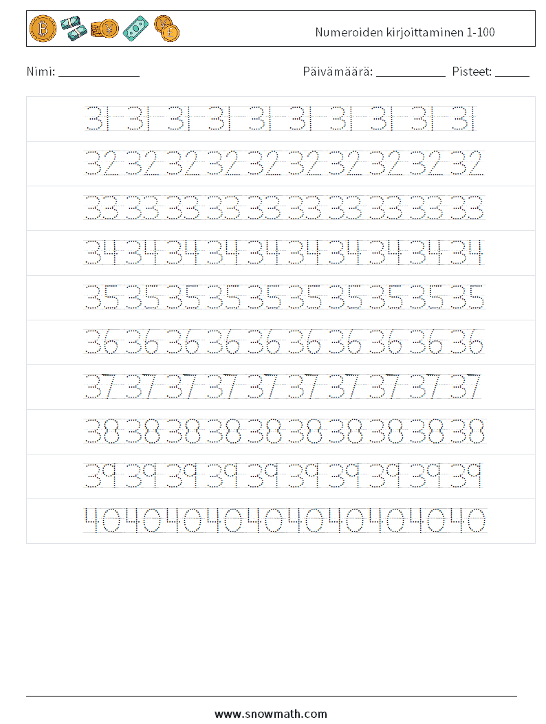 Numeroiden kirjoittaminen 1-100 Matematiikan laskentataulukot 8