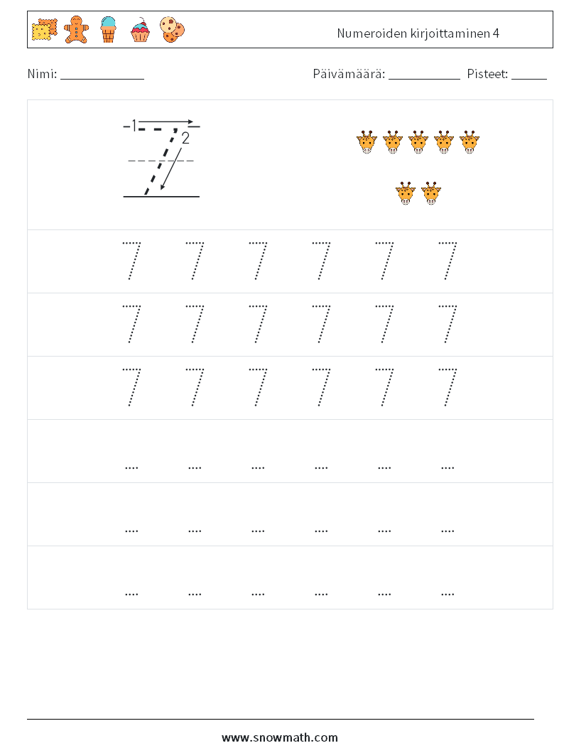 Numeroiden kirjoittaminen 4 Matematiikan laskentataulukot 7