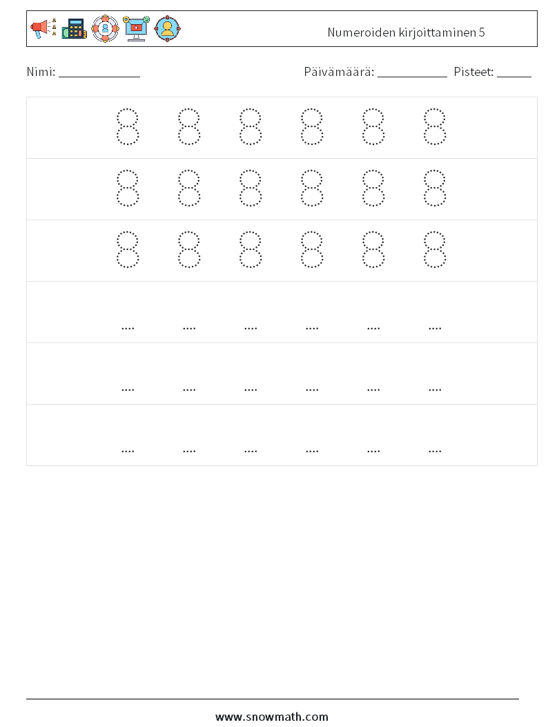 Numeroiden kirjoittaminen 5 Matematiikan laskentataulukot 8