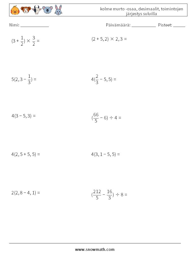 (10) kolme murto -osaa, desimaalit, toimintojen järjestys suluilla Matematiikan laskentataulukot 1