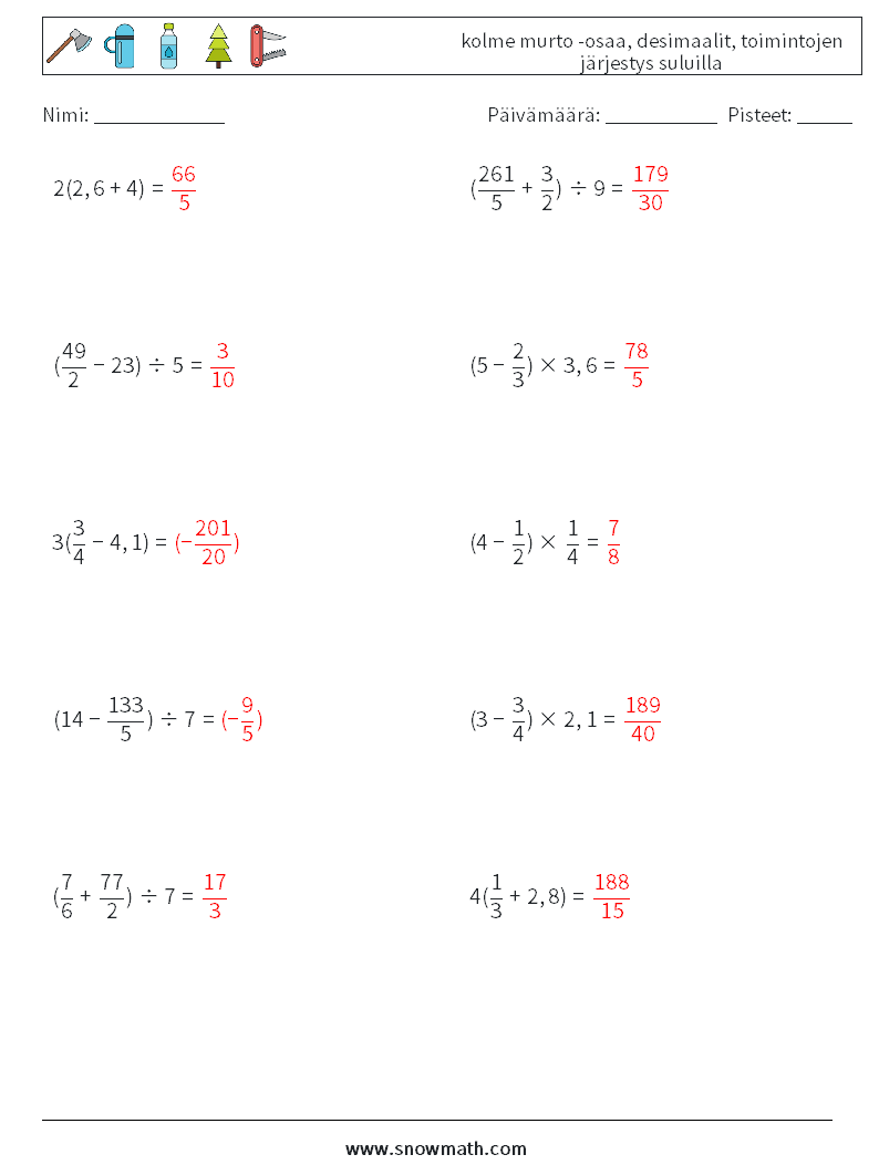 (10) kolme murto -osaa, desimaalit, toimintojen järjestys suluilla Matematiikan laskentataulukot 9 Kysymys, vastaus