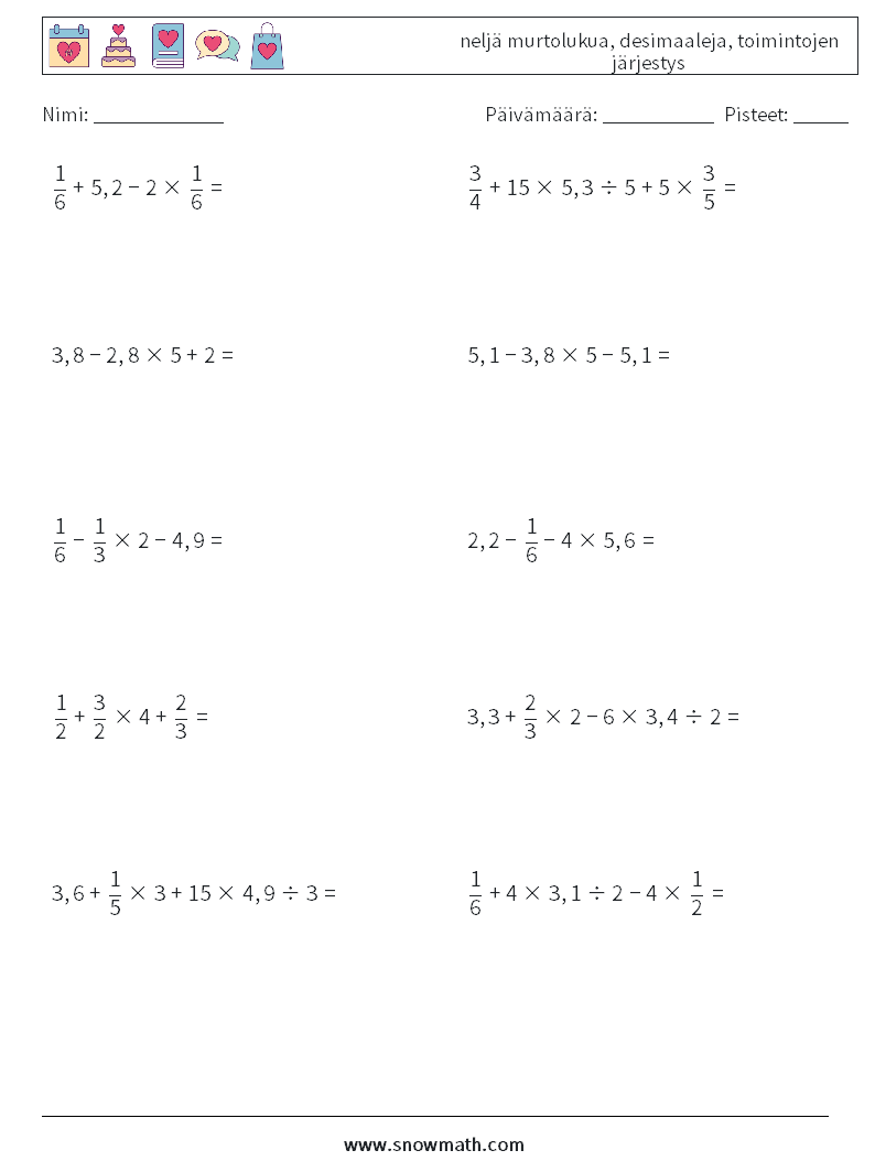 (10) neljä murtolukua, desimaaleja, toimintojen järjestys Matematiikan laskentataulukot 1