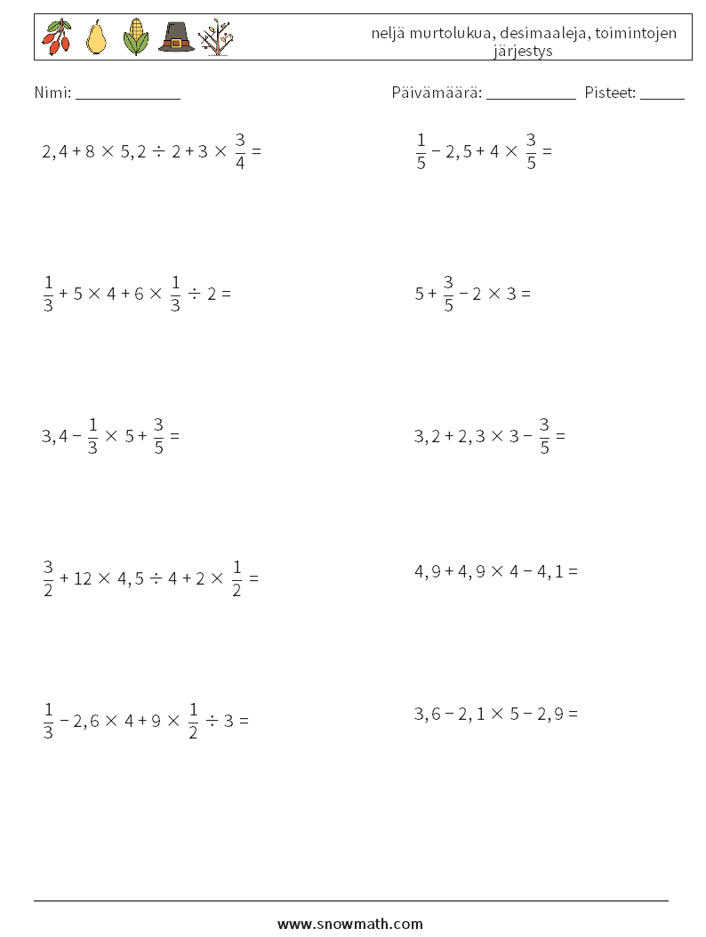 (10) neljä murtolukua, desimaaleja, toimintojen järjestys Matematiikan laskentataulukot 10
