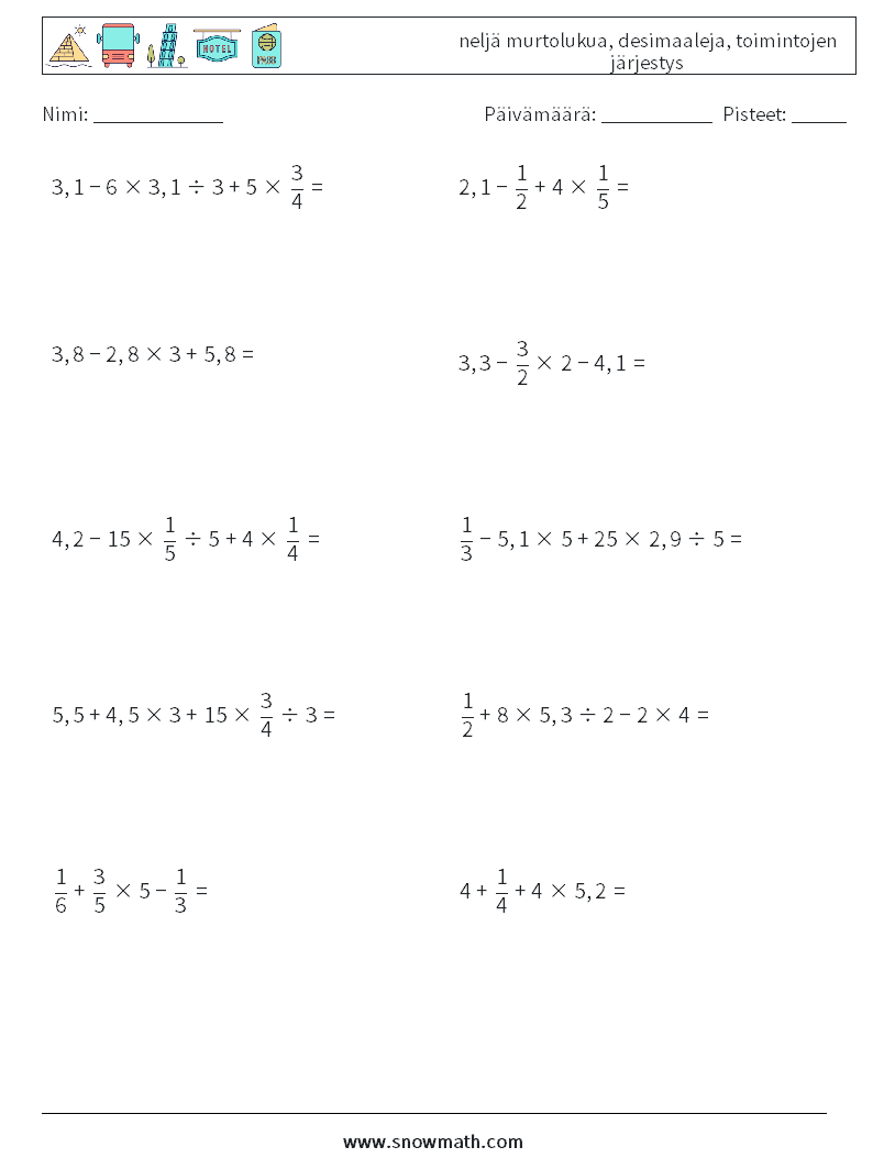 (10) neljä murtolukua, desimaaleja, toimintojen järjestys Matematiikan laskentataulukot 11