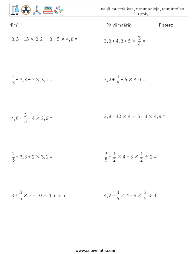 (10) neljä murtolukua, desimaaleja, toimintojen järjestys Matematiikan laskentataulukot 12