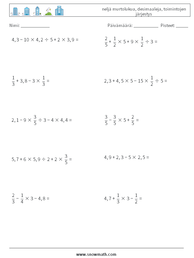 (10) neljä murtolukua, desimaaleja, toimintojen järjestys Matematiikan laskentataulukot 14