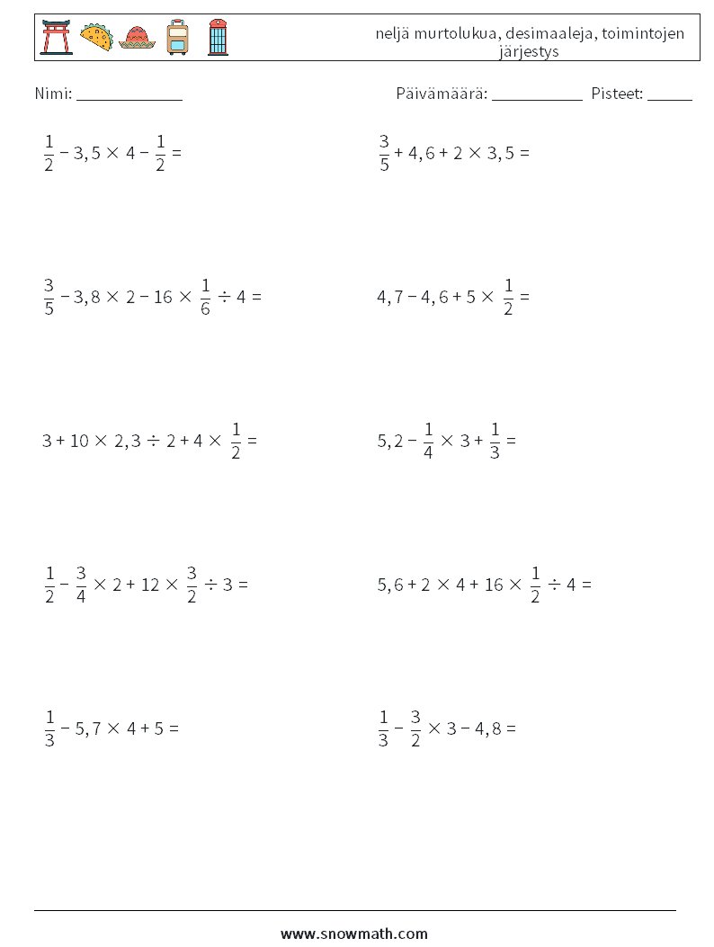 (10) neljä murtolukua, desimaaleja, toimintojen järjestys Matematiikan laskentataulukot 15