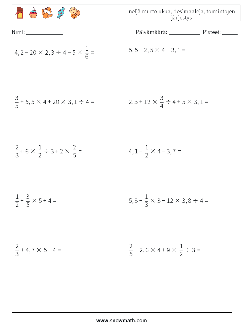 (10) neljä murtolukua, desimaaleja, toimintojen järjestys Matematiikan laskentataulukot 17