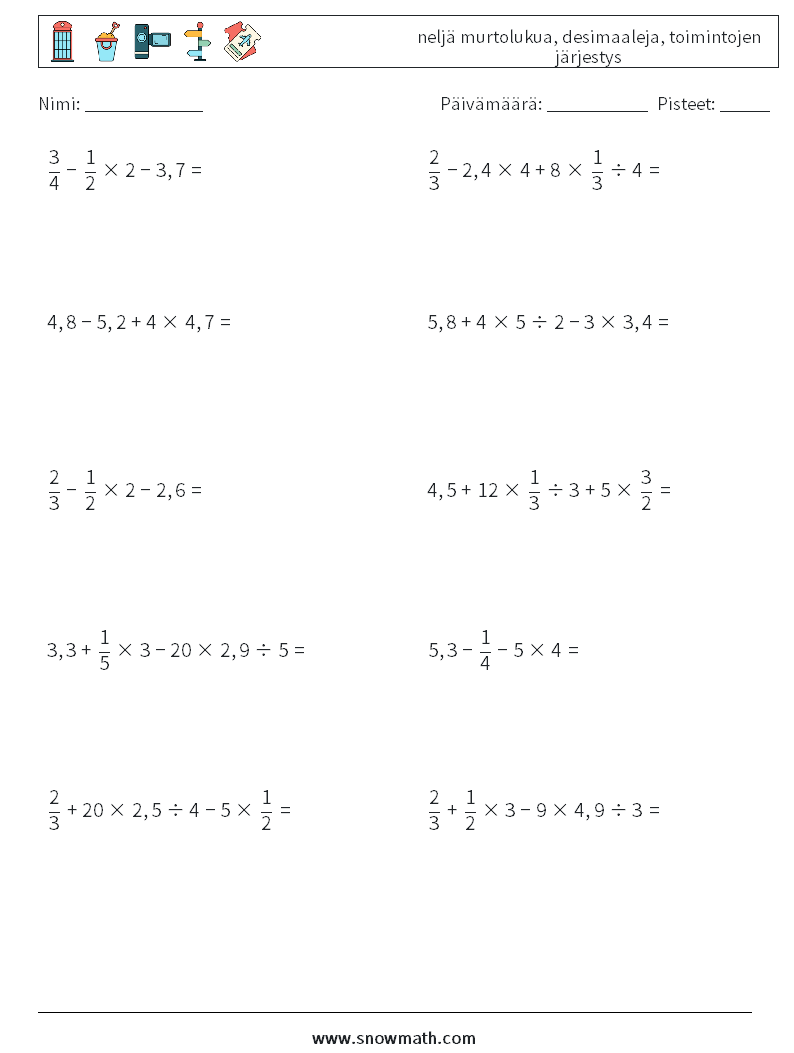 (10) neljä murtolukua, desimaaleja, toimintojen järjestys Matematiikan laskentataulukot 2