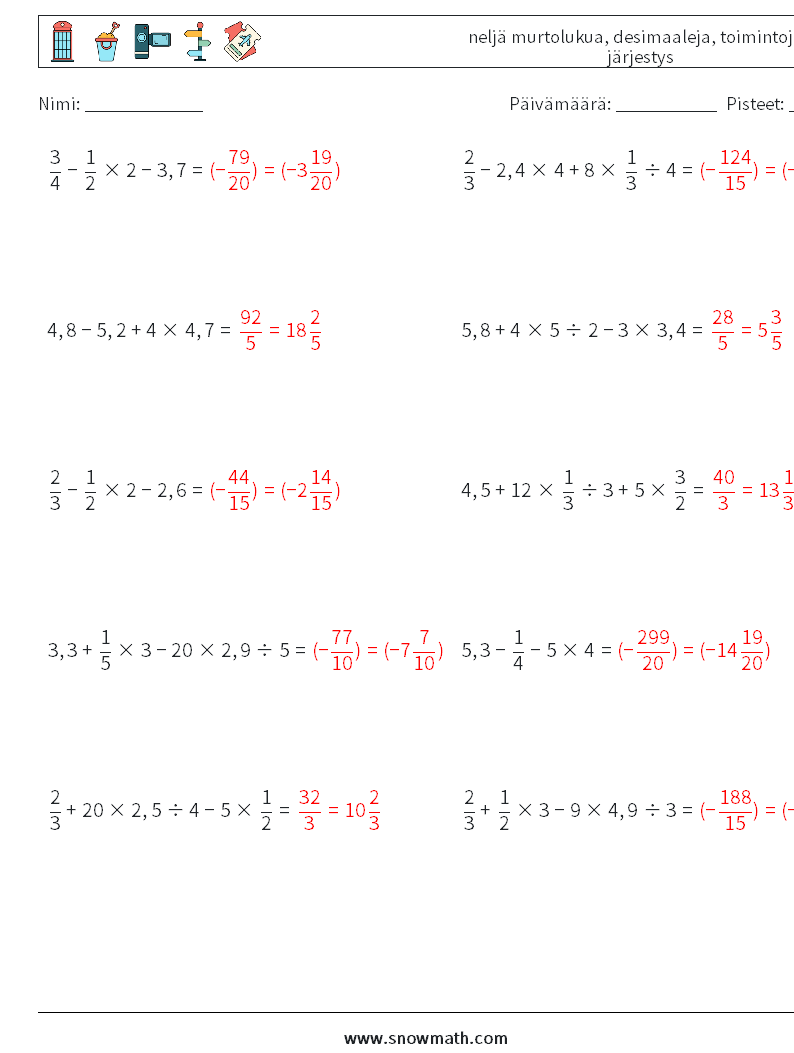 (10) neljä murtolukua, desimaaleja, toimintojen järjestys Matematiikan laskentataulukot 2 Kysymys, vastaus