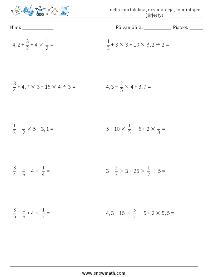 (10) neljä murtolukua, desimaaleja, toimintojen järjestys Matematiikan laskentataulukot 3
