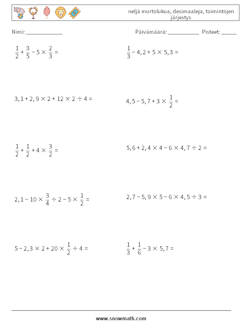 (10) neljä murtolukua, desimaaleja, toimintojen järjestys Matematiikan laskentataulukot 6