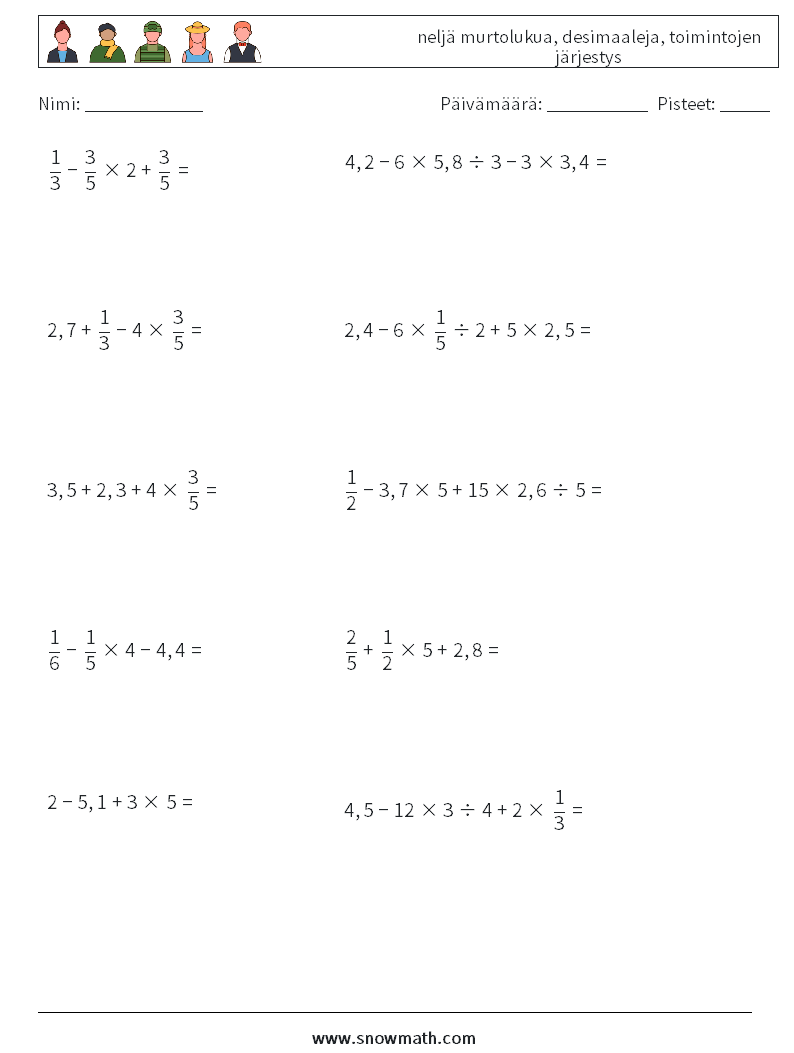 (10) neljä murtolukua, desimaaleja, toimintojen järjestys Matematiikan laskentataulukot 7