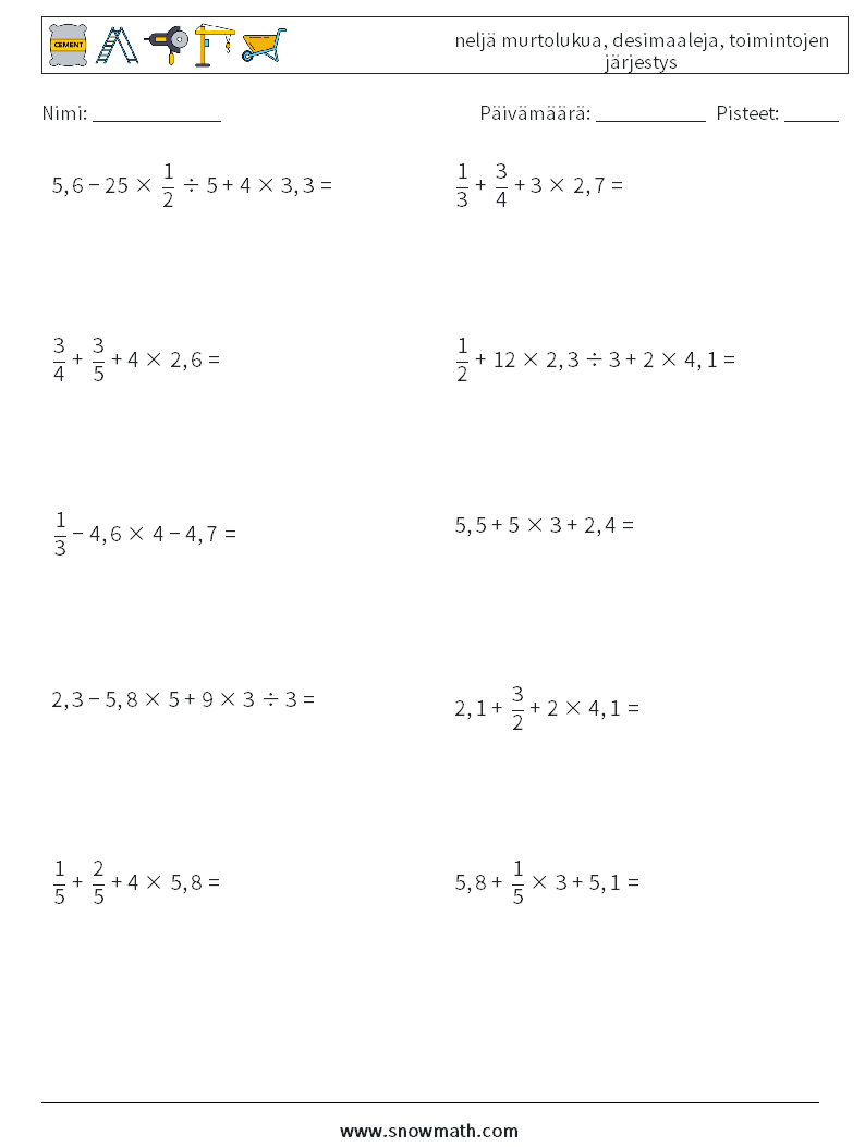 (10) neljä murtolukua, desimaaleja, toimintojen järjestys Matematiikan laskentataulukot 8