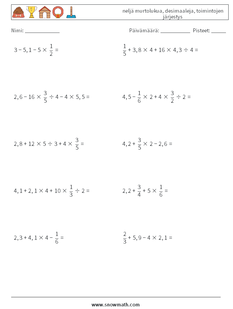 (10) neljä murtolukua, desimaaleja, toimintojen järjestys Matematiikan laskentataulukot 9