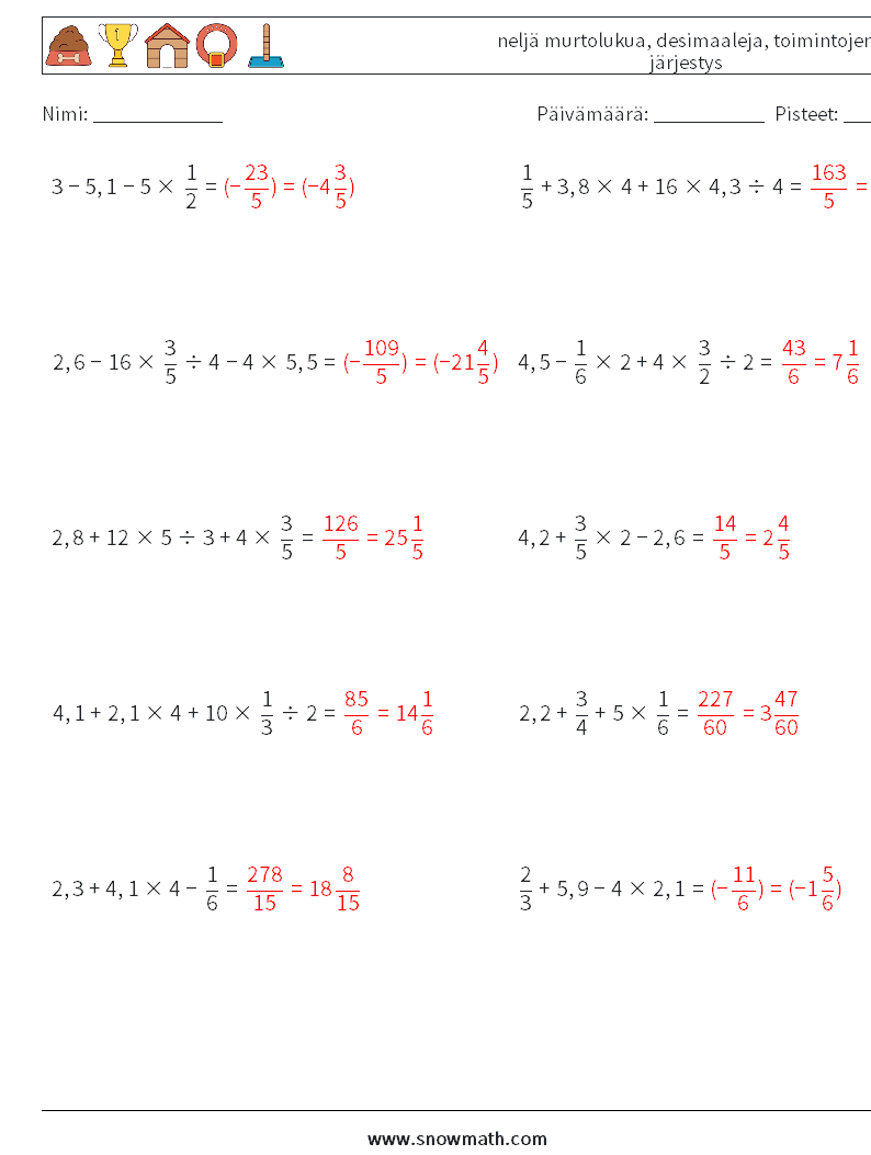 (10) neljä murtolukua, desimaaleja, toimintojen järjestys Matematiikan laskentataulukot 9 Kysymys, vastaus