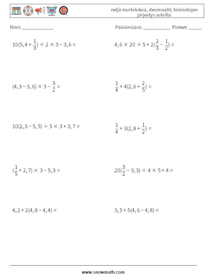 (10) neljä murtolukua, desimaalit, toimintojen järjestys suluilla Matematiikan laskentataulukot 3