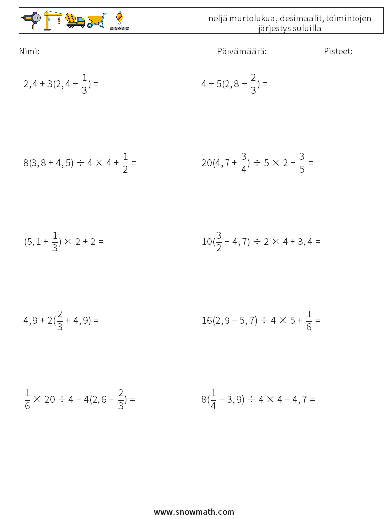 (10) neljä murtolukua, desimaalit, toimintojen järjestys suluilla Matematiikan laskentataulukot 6