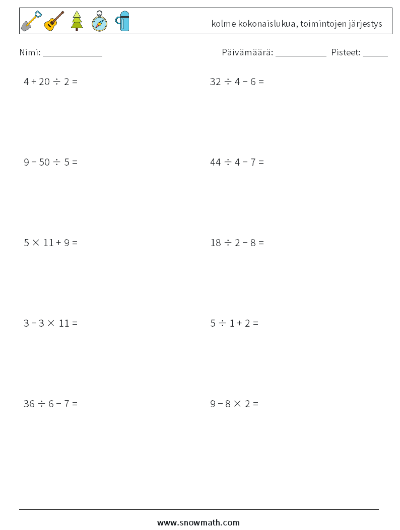 (10) kolme kokonaislukua, toimintojen järjestys Matematiikan laskentataulukot 17