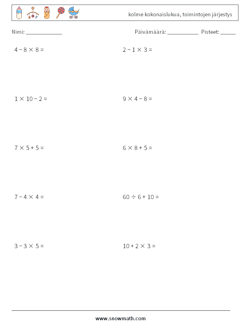 (10) kolme kokonaislukua, toimintojen järjestys Matematiikan laskentataulukot 18
