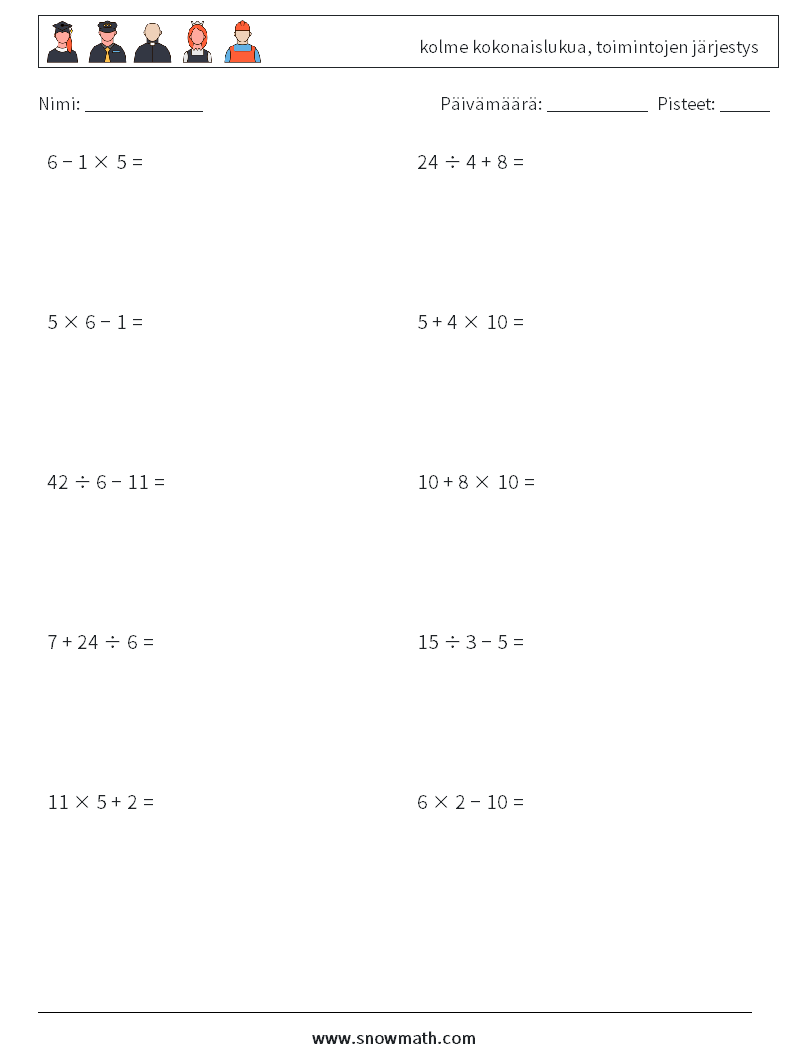 (10) kolme kokonaislukua, toimintojen järjestys Matematiikan laskentataulukot 3