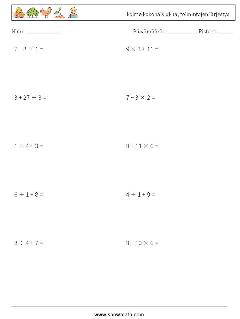 (10) kolme kokonaislukua, toimintojen järjestys Matematiikan laskentataulukot 4