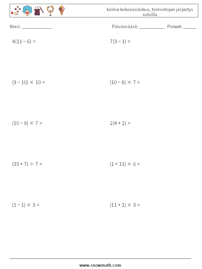 (10) kolme kokonaislukua, toimintojen järjestys suluilla Matematiikan laskentataulukot 14