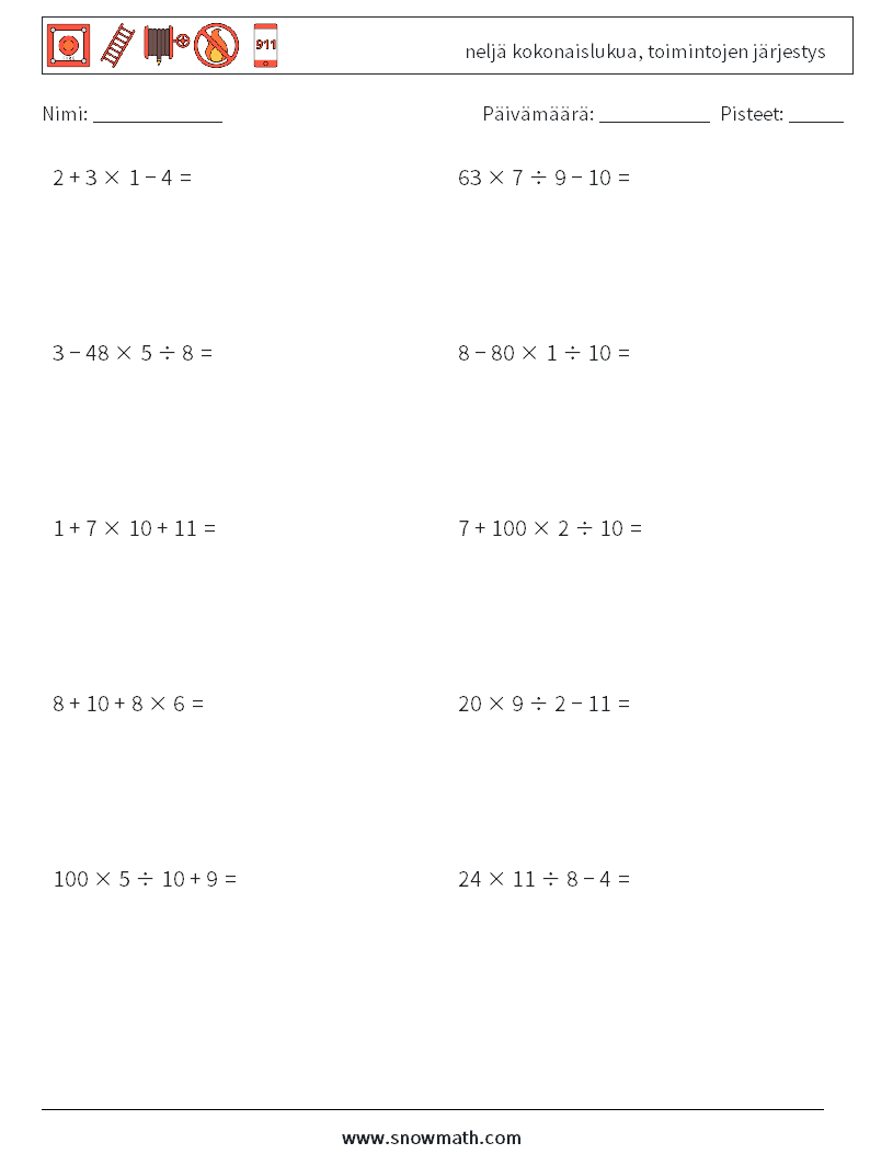 (10) neljä kokonaislukua, toimintojen järjestys Matematiikan laskentataulukot 1