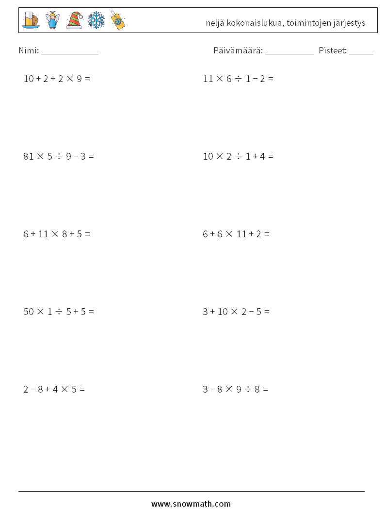 (10) neljä kokonaislukua, toimintojen järjestys Matematiikan laskentataulukot 10