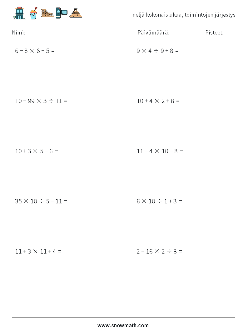 (10) neljä kokonaislukua, toimintojen järjestys Matematiikan laskentataulukot 11