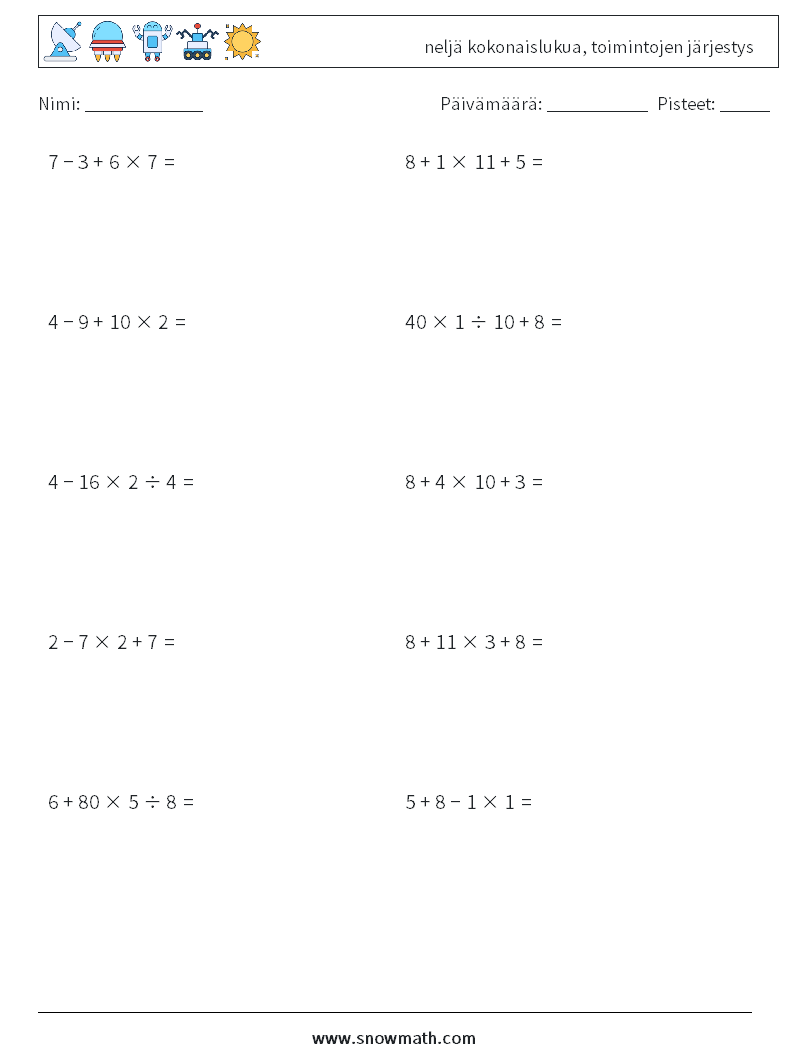 (10) neljä kokonaislukua, toimintojen järjestys Matematiikan laskentataulukot 14